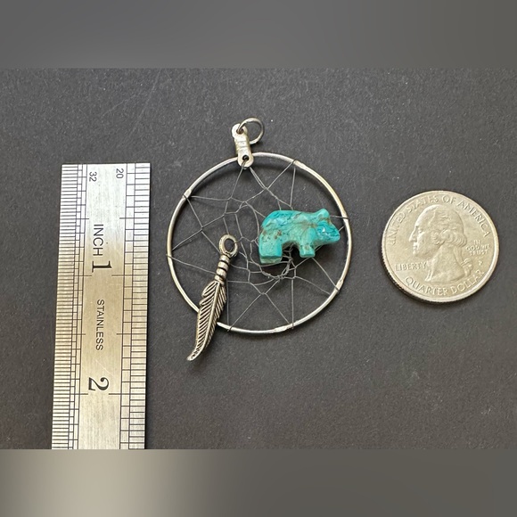 Silver Dream Catcher Pendant Turquoise Bear & Feather Charm Native American - Picture 3 of 4